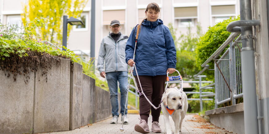 Eine Frau mit einem Führhund und einem Langstock geht unter den Augen eines O&M Lehrers einen Weg entlang.