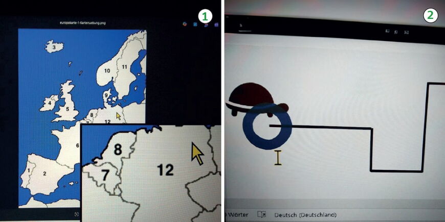 Eine stumme Karte von Europa. Die Länder sind nummeriert und flächig weiß, die Ozeane sind kontrastreich blau. Rechts unten auf dem Monitor sieht man den gezoomten Bereich der Karte (Deutschland mit Nr. 12 und einige Nachbarländer).