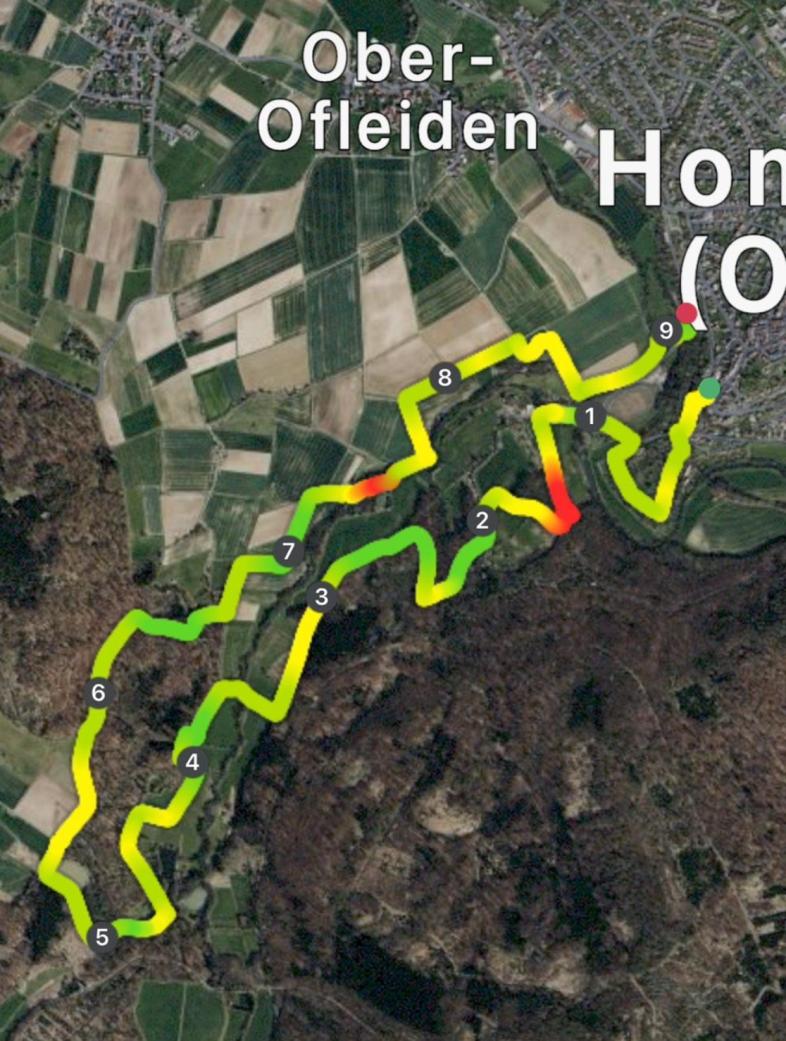 Eine Luftbildaufnahme der Region um Ober-Ofleiden, die Route der „Schächerbachtour“ ist mit Nummern versehen eingezeichnet