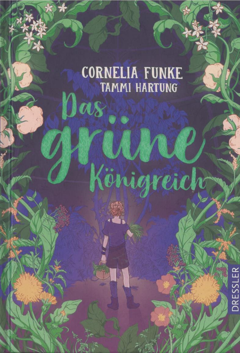 Buchcover „Das grüne Königreich“: eine Figur steht inmitten eines grünen Waldes mit dichten Blättern und Ranken