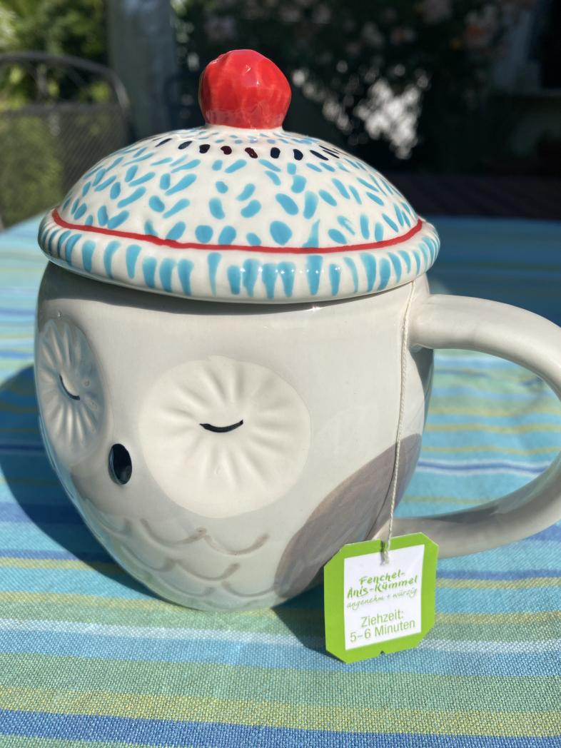 Eine Teetasse in Eulenform, darin hängt ein Beutel Fenchel-Anis-Kümmel-Tee.